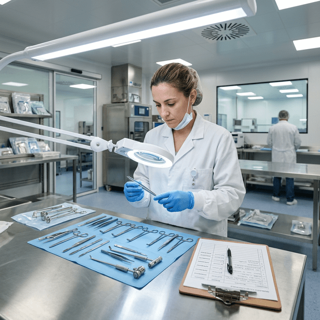 Especialista de control de calidad ISO 13485 inspeccionando dispositivos médicos en laboratorio