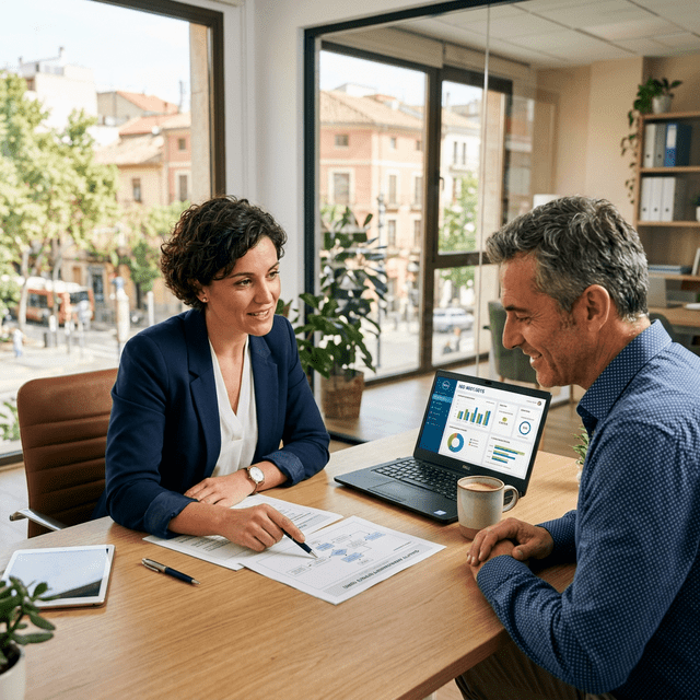 Consultora ISO 9001 revisando documentos de gestión de calidad con gerente de pyme española