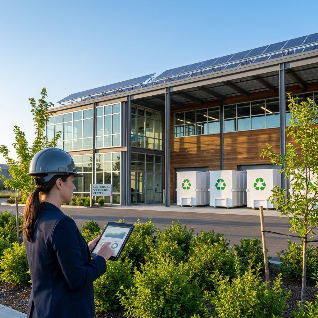 Instalación industrial sostenible con paneles solares y gestión ambiental - ISO 14001