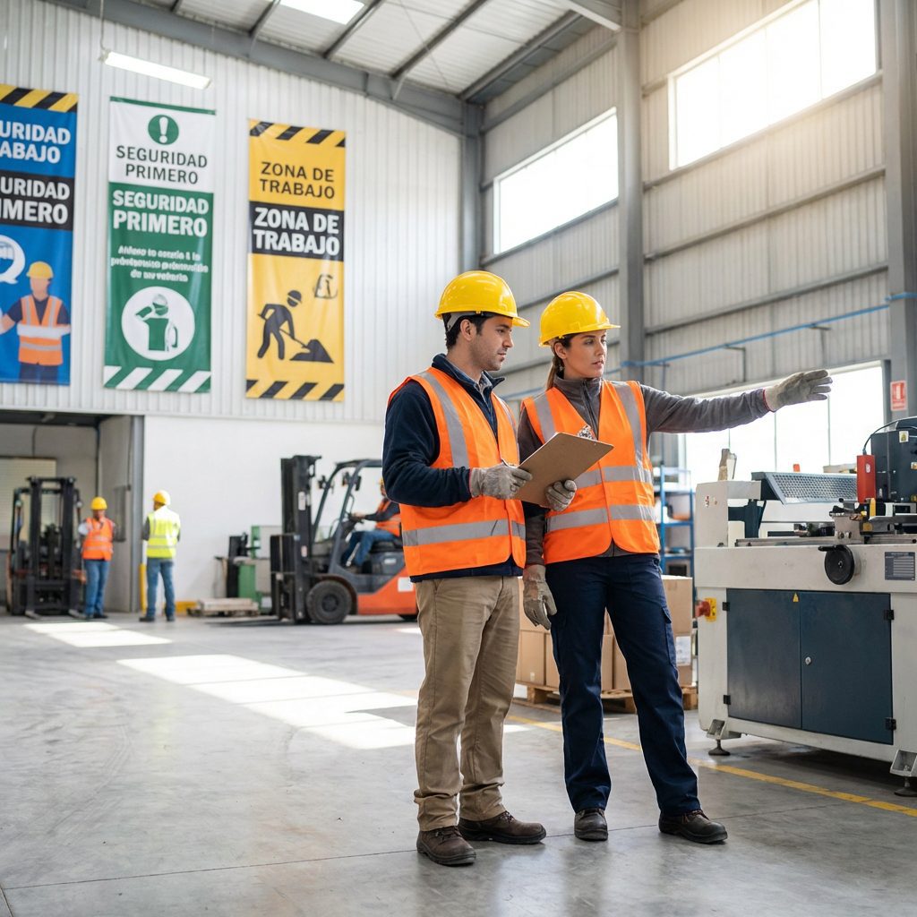 Trabajadores con cascos y EPIs realizando inspección de seguridad en planta industrial - ISO 45001